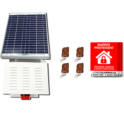 Kit Alarma comunitaria solar 20 Watts 118 DB  + 4 CONTROLES + 4 CARTELES