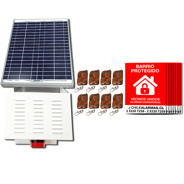 Kit Alarma comunitaria solar 15 Watts 110 DB  + 8 CONTROLES + 8 CARTELES
