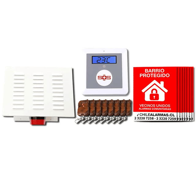 Kit Alarma comunitaria GSM 20 Watts 118 DB + 8 controles + 8 carteles