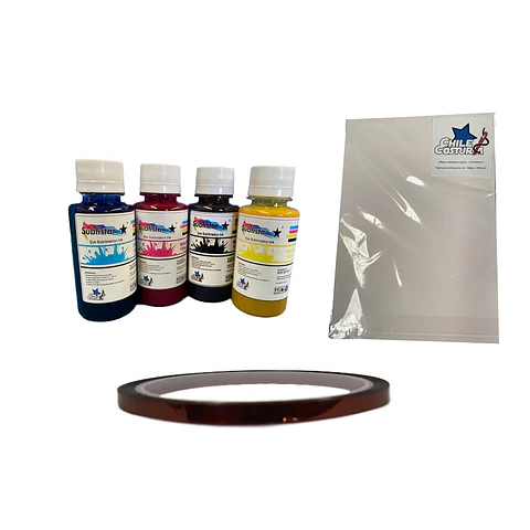 Kit Sublimación A4 Completo | Resma 100 Hojas 100gsm Secado Rápido + Tinta BCYM + Cinta Alta Temperatura 5mm | Para Camisetas, Tazas y Más