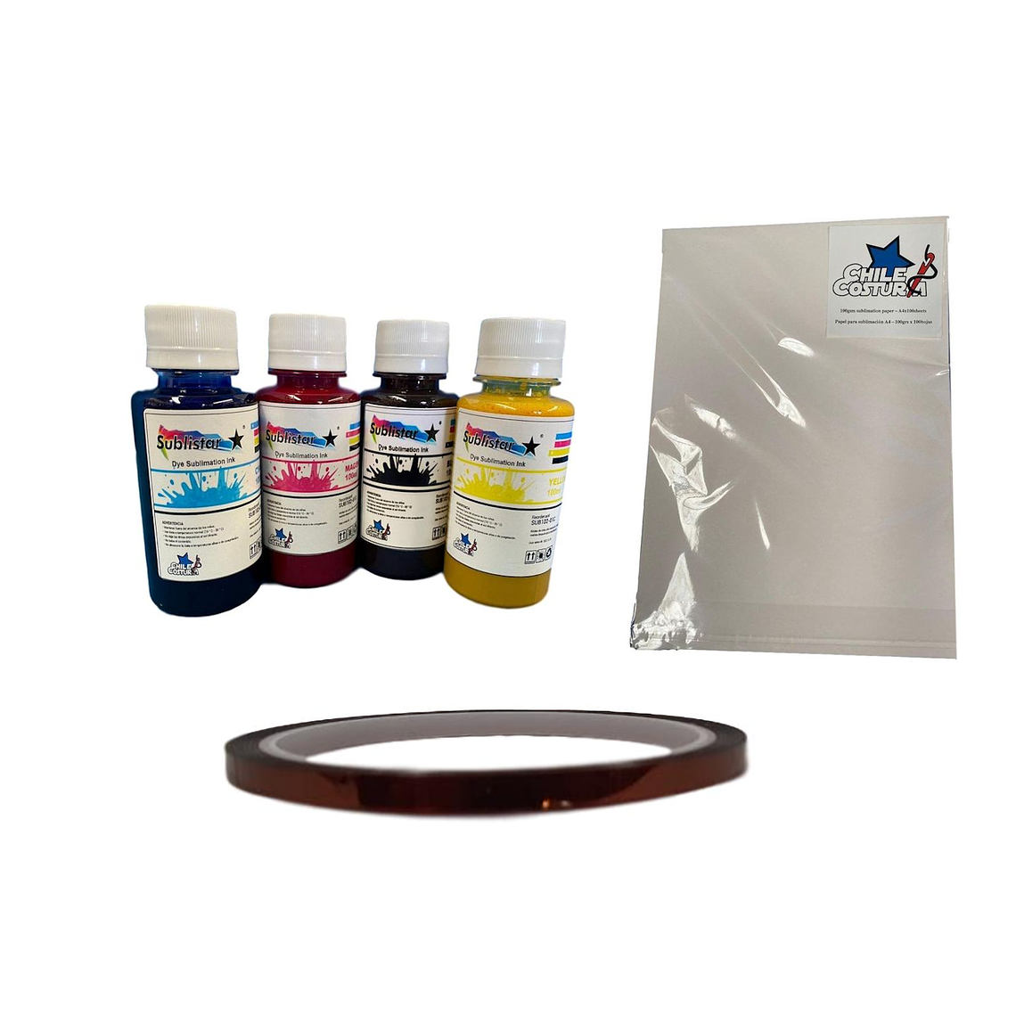 Pack Sublimación BCYM + Resma A4 100 Hojas+Cinta Adhesiva de Alta Temperatura 5mm x 33m 1