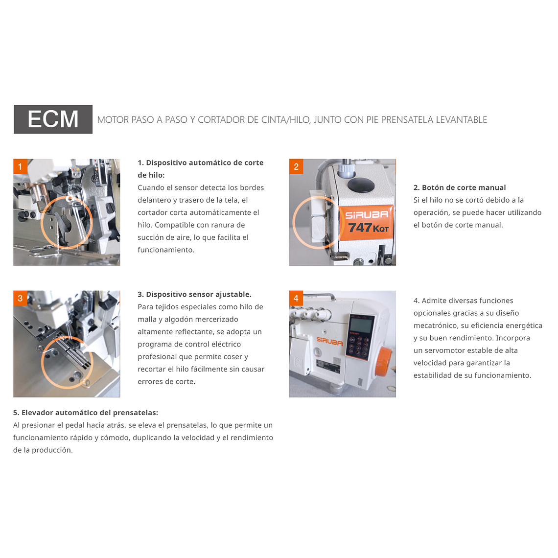 Overlock Industrial Automatica SIRUBA 747KQT — Corte Electrónico de Hilo, Sensor Inteligente y Servo Motor de Alta Velocidad (7,000 p.p.m.) 2