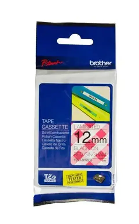 Cinta decorativa laminada TZe-MPRG31 negro sobre cuadro rojo 12 mm x 4 m