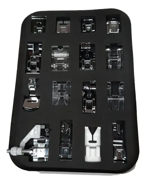 Caja con 16 Prensatelas para Máquina de Coser Doméstica – Cierre, Teflón, Dobladillo y Más