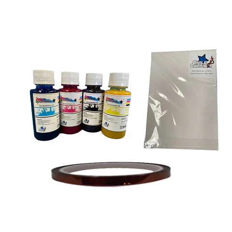 Kit Sublimación A4 Completo | Resma 100 Hojas 100gsm Secado Rápido + Tinta BCYM + Cinta Alta Temperatura 5mm | Para Camisetas, Tazas y Más