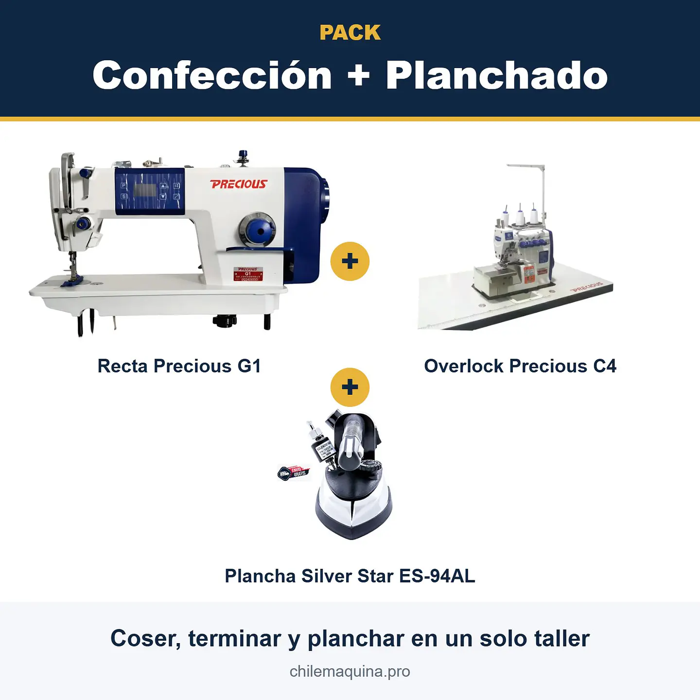 Pack Taller Confección + Planchado – Recta G1 + Overlock C4 + Plancha ES-94AL 1