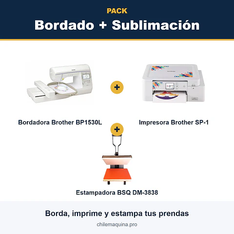 Pack Bordado + Sublimación – Bordadora Brother BP1530L + Estampadora DM-3838 + Impresora SP-1
