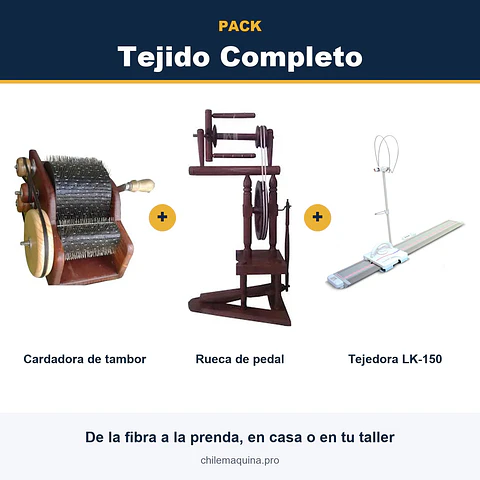 Pack Tejido Completo – De la fibra a la prenda: Cardadora de tambor + Rueca de pedal + Tejedora LK-150