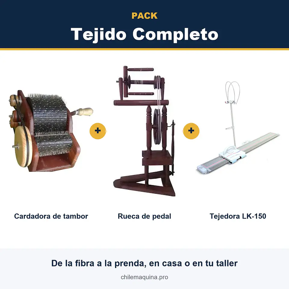 Pack Tejido Completo – De la fibra a la prenda: Cardadora de tambor + Rueca de pedal + Tejedora LK-150 1