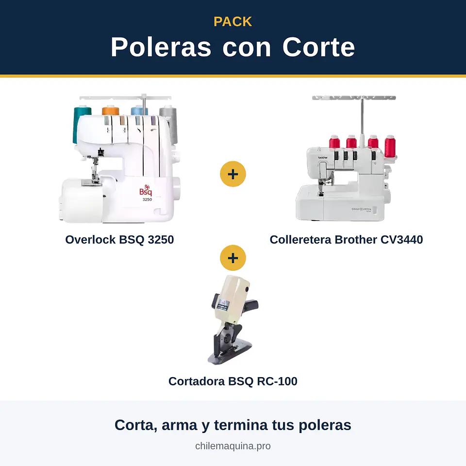 Pack Poleras con Corte – Cortadora RC-100 + Overlock BSQ 3250 + Colleretera Brother CV3440 1