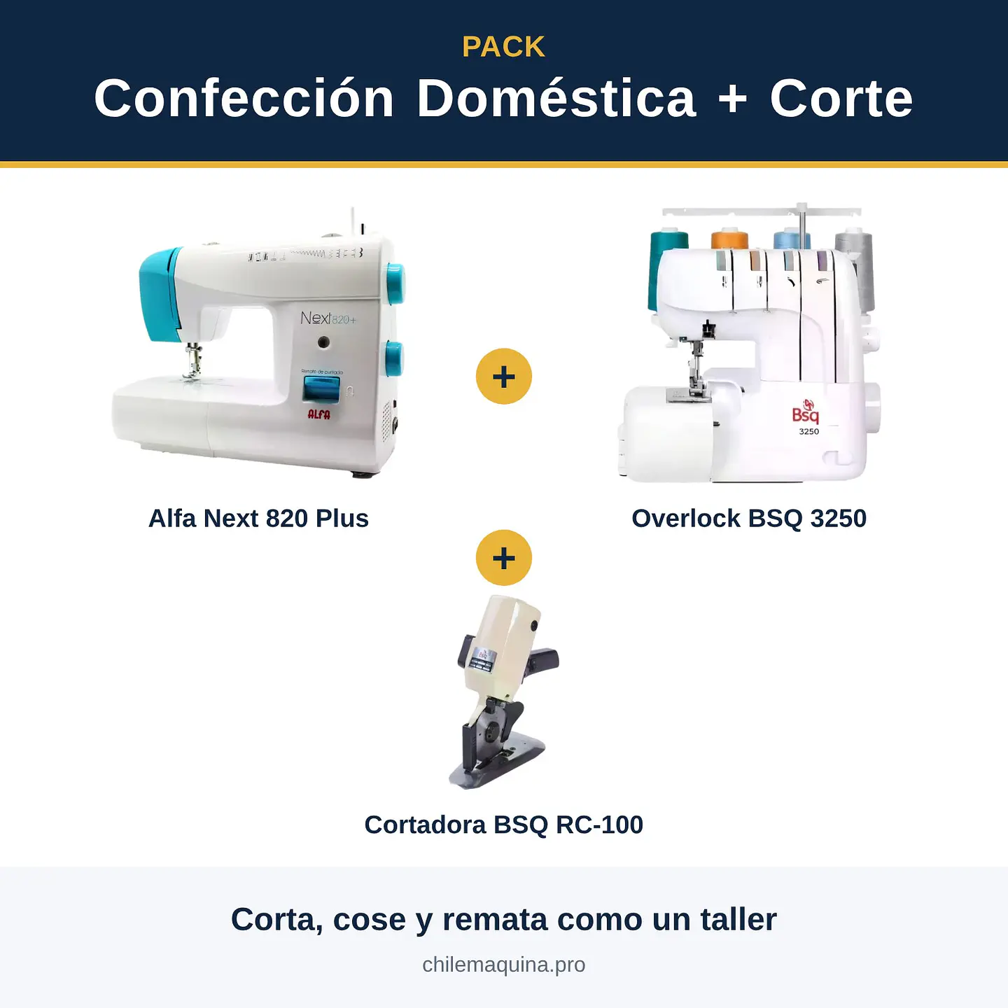 Pack Confección Doméstica + Corte – Alfa Next 820 Plus + Overlock BSQ 3250 + Cortadora RC-100 1