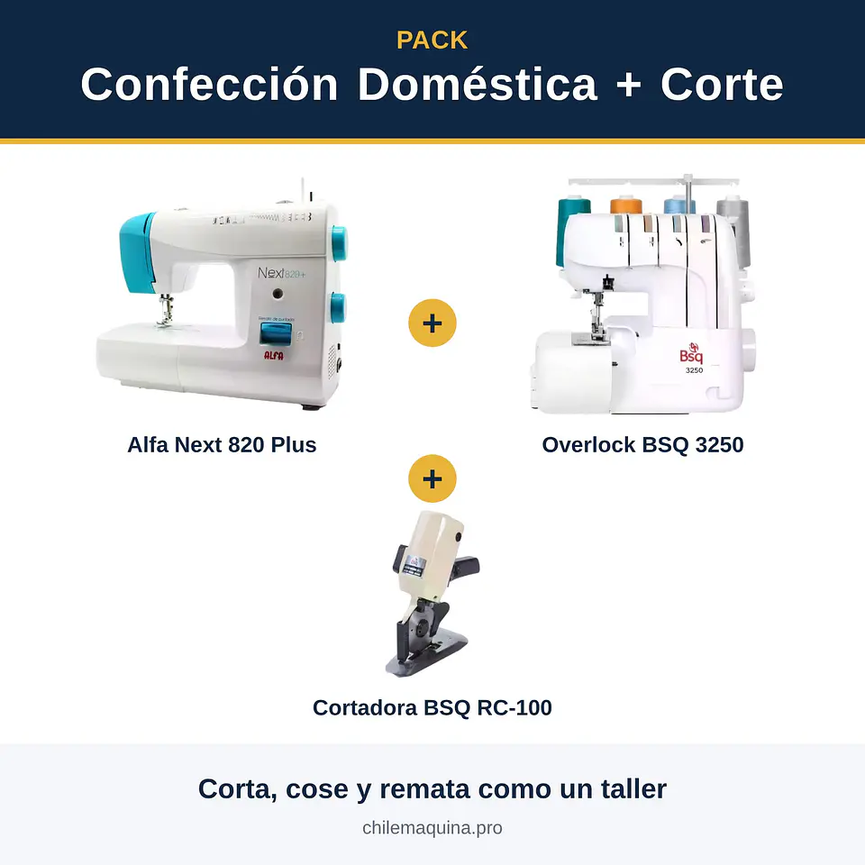 Pack Confección Doméstica + Corte – Alfa Next 820 Plus + Overlock BSQ 3250 + Cortadora RC-100 1