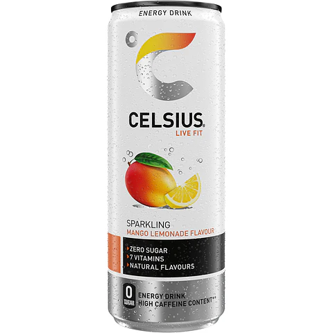 Bebida energética con gas sabor mango y limón zero azúcar y 7 vitaminas alto contenido en cafeína