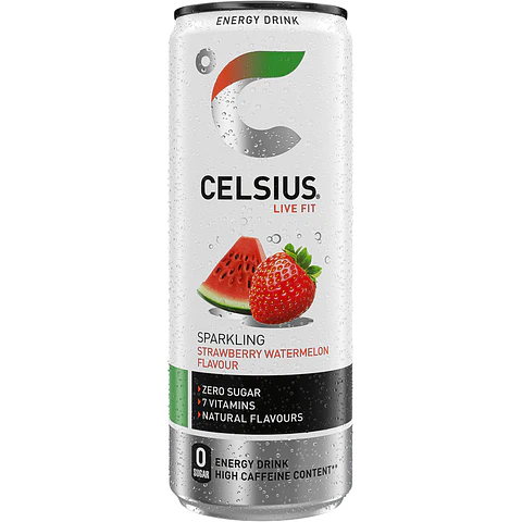 Bebida energética con gas sabor fresa y sandía zero azúcar y 7 vitaminas alto contenido en cafeína