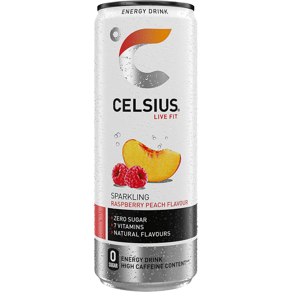 Bebida energética con gas sabor frambuesa y melocotón zero azúcar y 7 vitaminas alto contenido en cafeína 1
