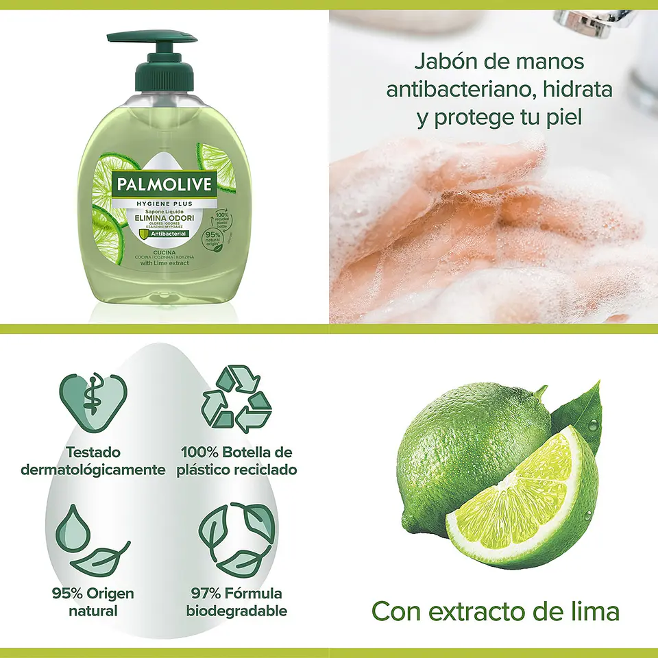 Jabón líquido de manos antibacteriano neutralizador de olores con extracto de lima especial cocina 3