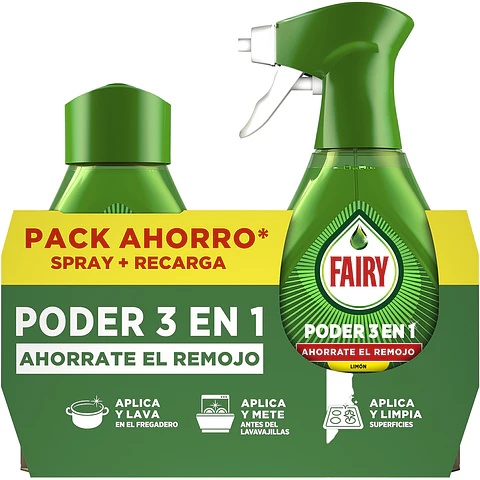 Lavavajillas a mano poder 3 en 1 limón ahorra el remojo + recambio de 500ml pack ahorro