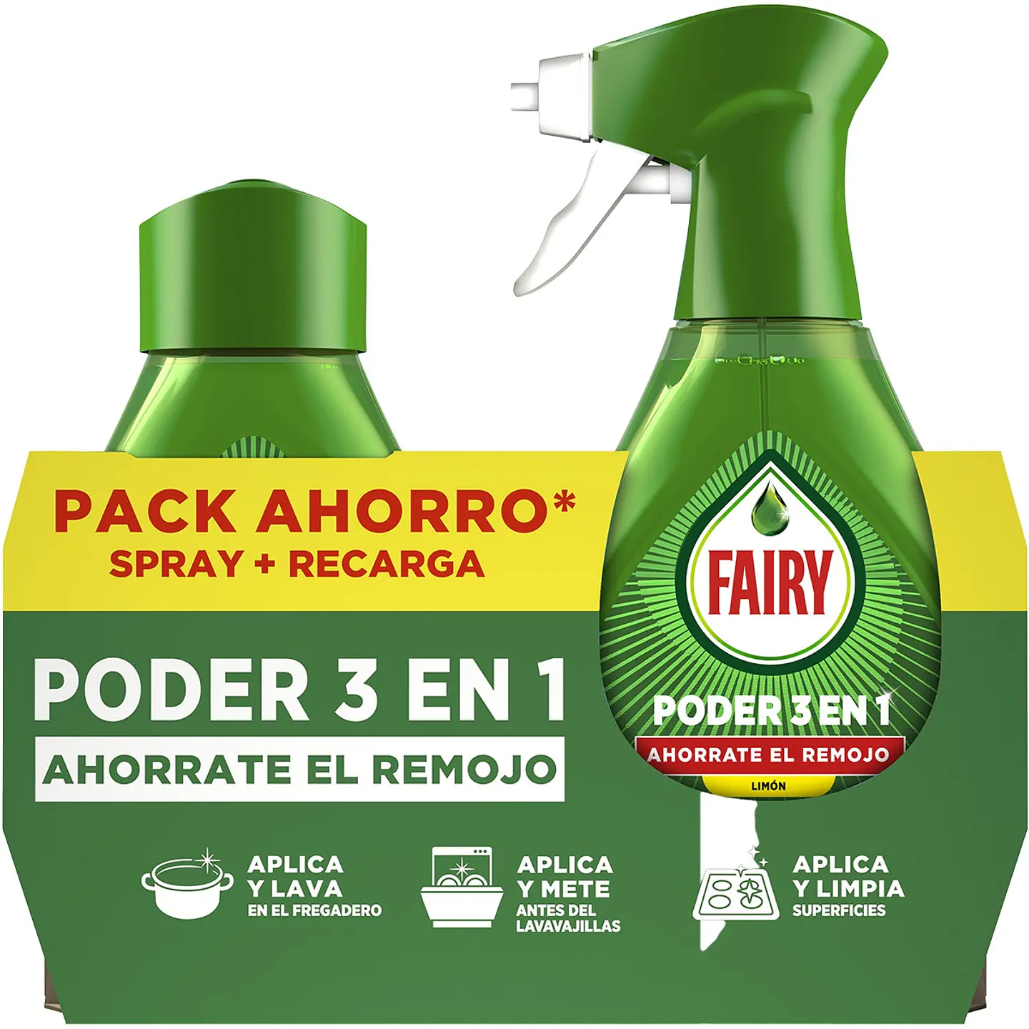 Lavavajillas a mano poder 3 en 1 limón ahorra el remojo + recambio de 500ml pack ahorro 1