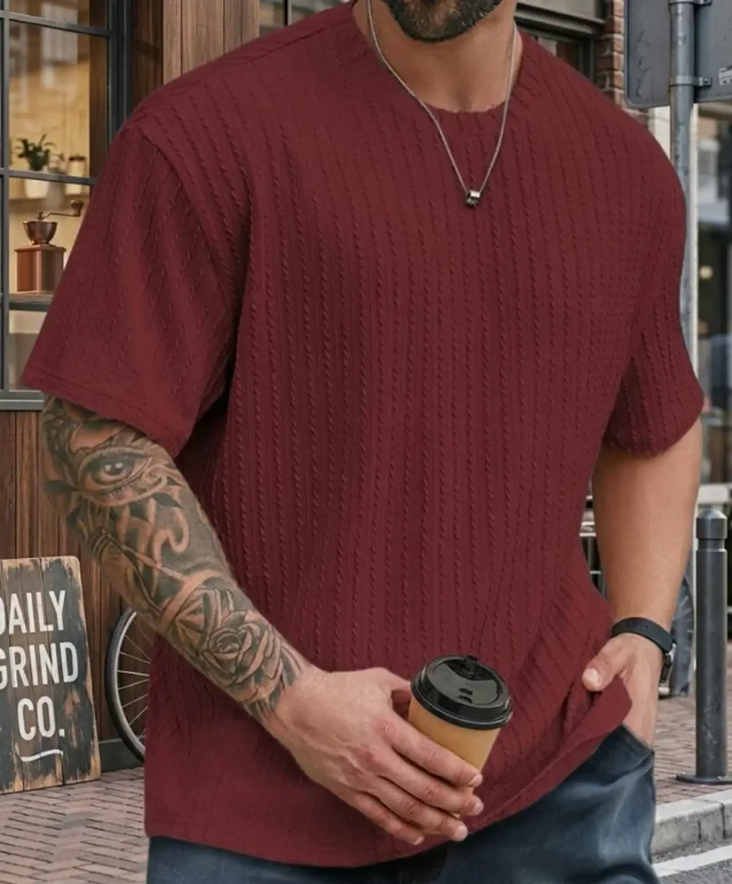 Camiseta de manga corta roja con relieve 3