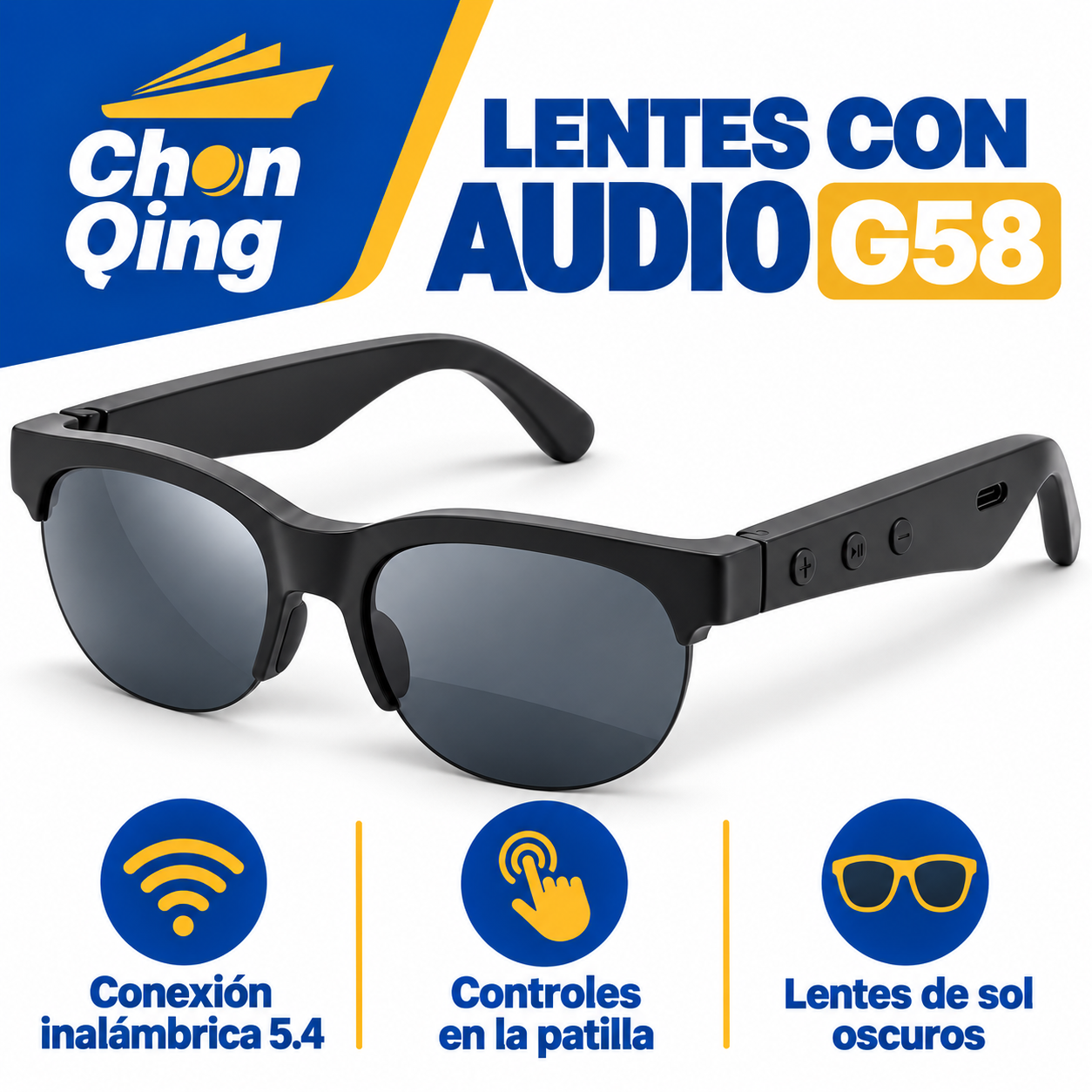 Gafas De Audio Bluetooth Con Micrófono Negro COD G58 5