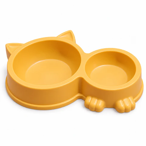 plato comedero doble para gatos con diseño en forma de cabeza y orejas de gato