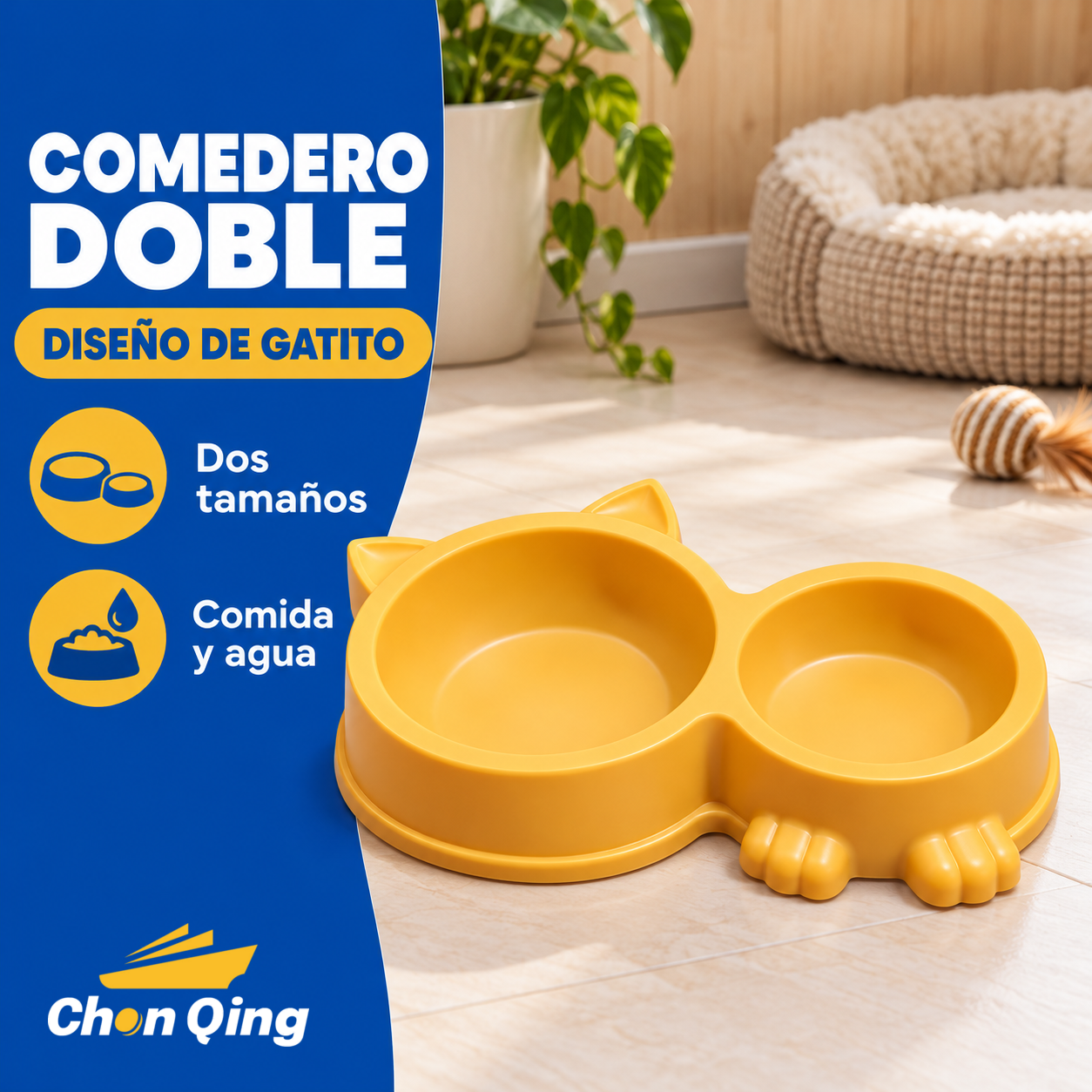 plato comedero doble para gatos con diseño en forma de cabeza y orejas de gato 4