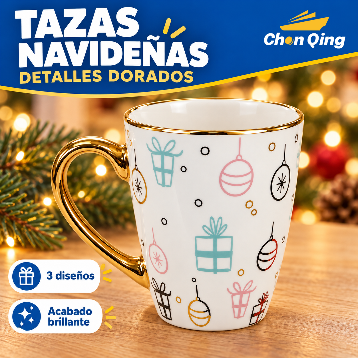 TAZA NAVIDEÑA FILO DORADO LOZA 7