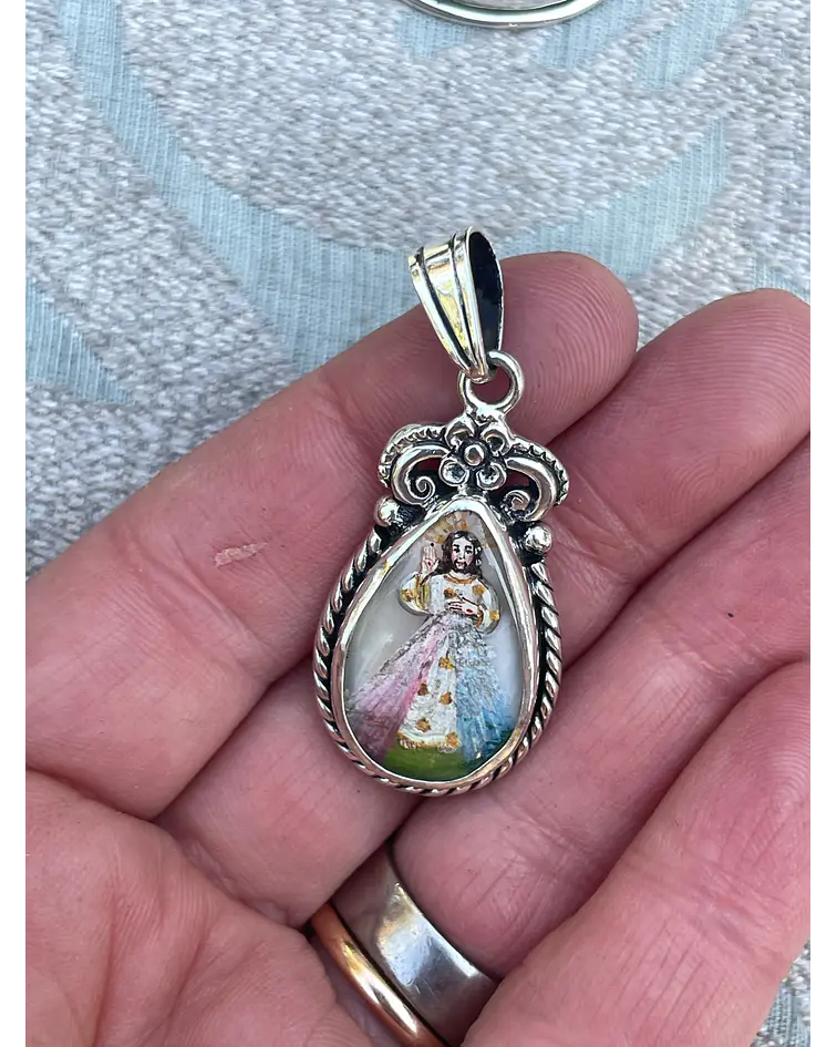 Medalla Gota Virgen del Perpetuo Socorro y Jesús de la Divina Misericordia – Plata 950 y nácar