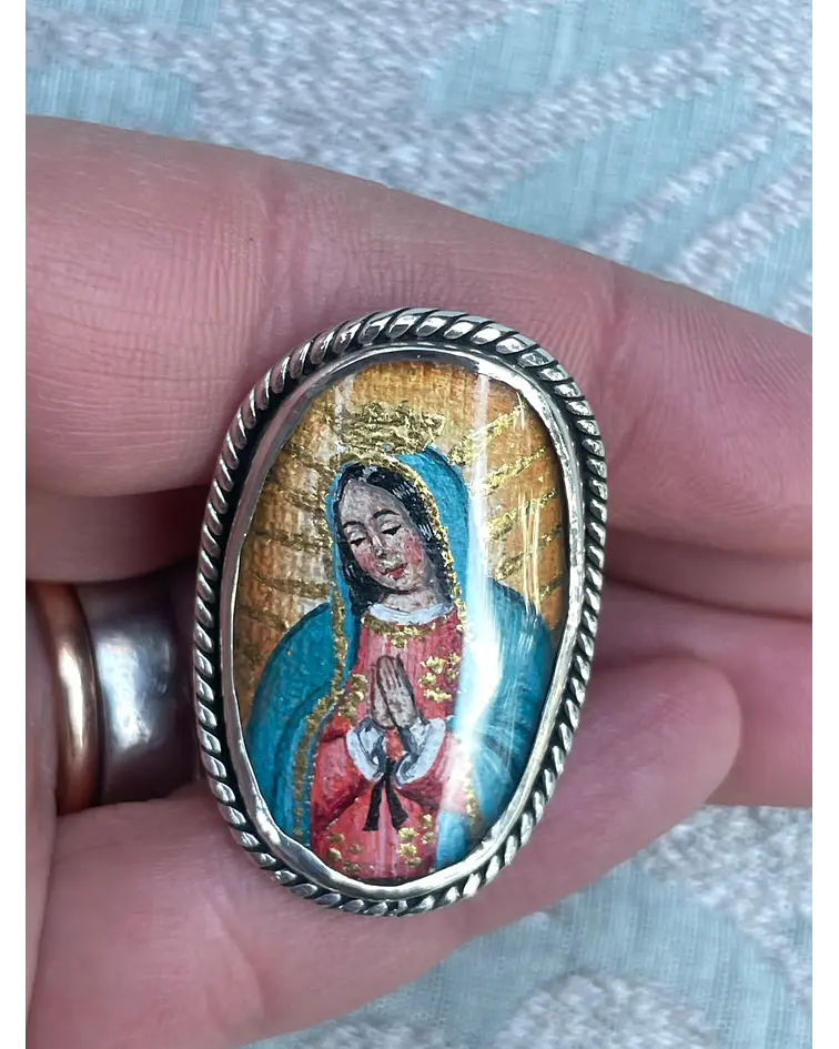 Anillo ajustable Virgen de Guadalupe – Plata 950 pintada a mano sobre nácar