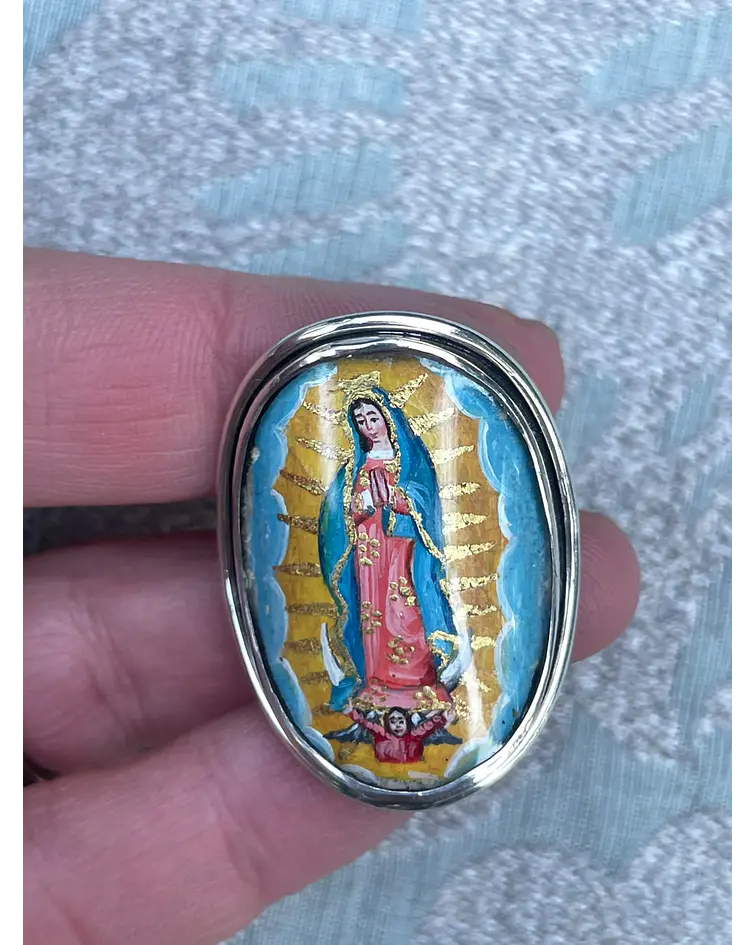 Anillo ajustable Virgen de Guadalupe – Plata 950 pintada a mano sobre nácar