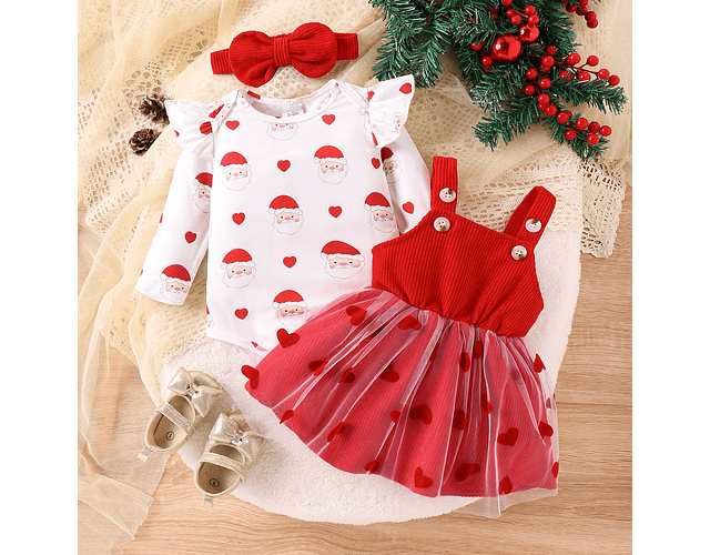 Vestido de malla con estampado de corazón para niña dulce de navidad de 3 piezas con diadema.