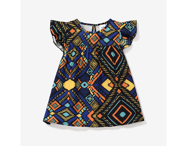 Vestido de bebé niña con estampado geométrico y mangas acampanadas.