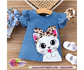 Vestido de manga corta con volantes y estampado de gato lindo para niña