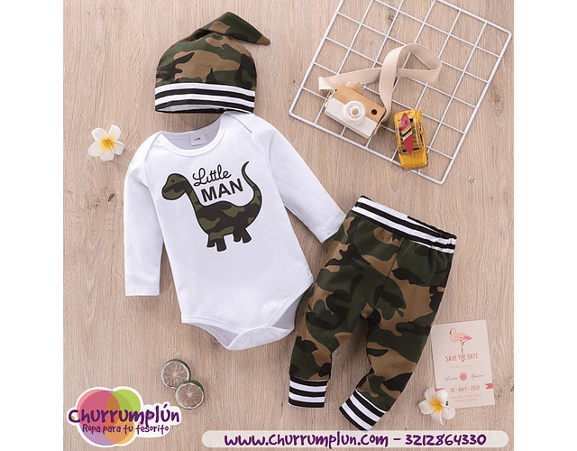 Conjunto de mameluco de manga larga con estampado de dinosaurio y letras con pantalones de camuflaje 3 piezas