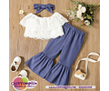 Conjunto de 3 piezas para niña pequeña con diadema, blusa con hombros descubiertos y pantalones acampanados