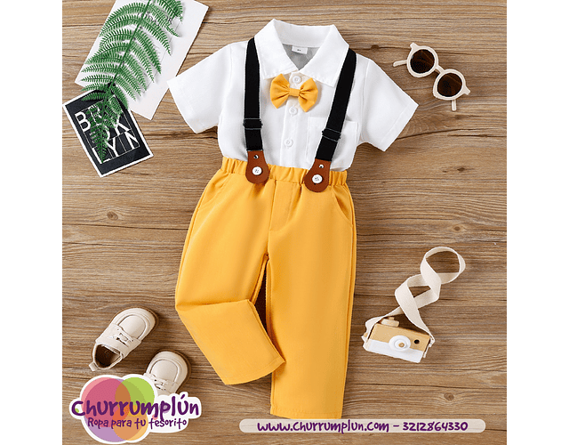 Conjunto de 2 piezas de pantalones con tirantas y camisa con pajarita unicolor para niño pequeño