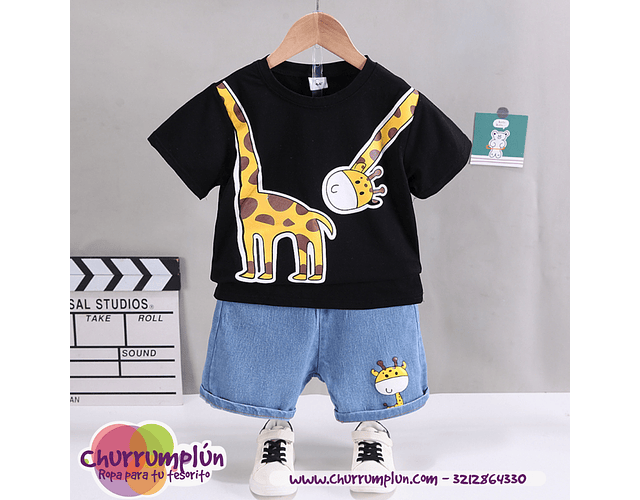 Conjunto de camiseta de algodón de manga corta y pantalones cortos con estampado de jirafa para niño