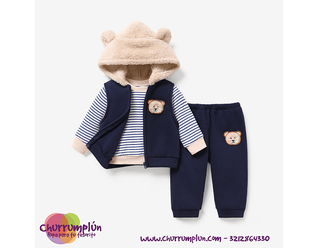 Conjunto de 3 piezas, con capucha esponjosa, con estampado de oso infantil. 