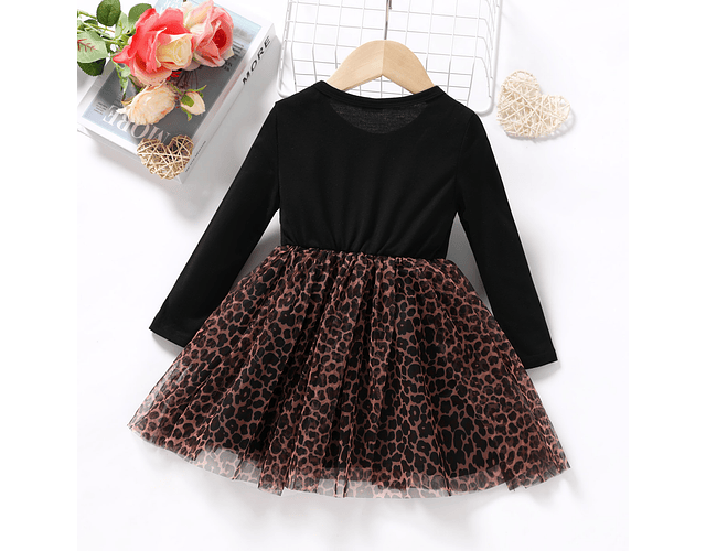 Vestido de manga larga con diseño de lazo y empalme de malla con estampado de leopardo para niña pequeña