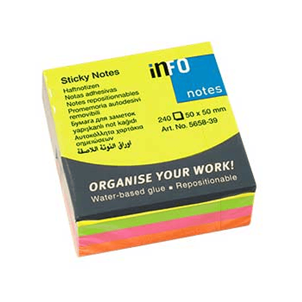 Bloco Notas Aderentes 50x50mm Néon 240 Fl. Pack 3 un. 