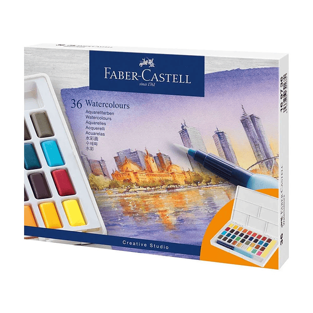  Aguarelas 36 Cores Pincel Água+Paleta Faber-Castell 