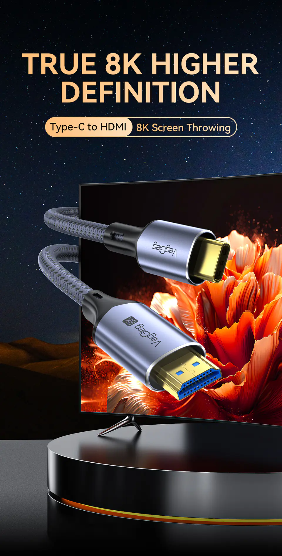 Cable Adaptador Veggieg V2.1 Tipo C A Hdmi 8k 60hz 4k 120hz 2k 240hz Hdr 48gbps 48gbps Compatible Thunderbolt 3 Monitor Tv Proyector Notebook Tablet Mac 5