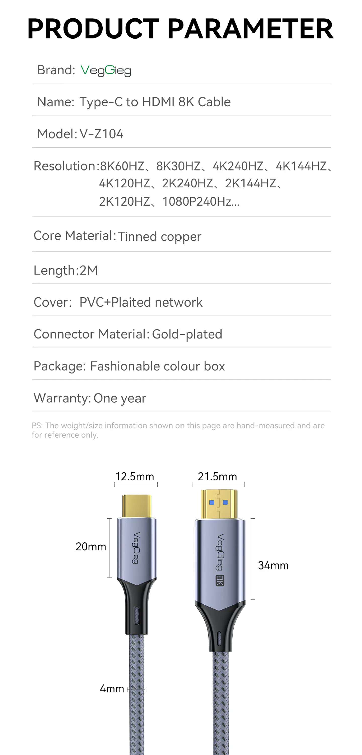 Cable Adaptador Veggieg V2.1 Tipo C A Hdmi 8k 60hz 4k 120hz 2k 240hz Hdr 48gbps 48gbps Compatible Thunderbolt 3 Monitor Tv Proyector Notebook Tablet Mac 17