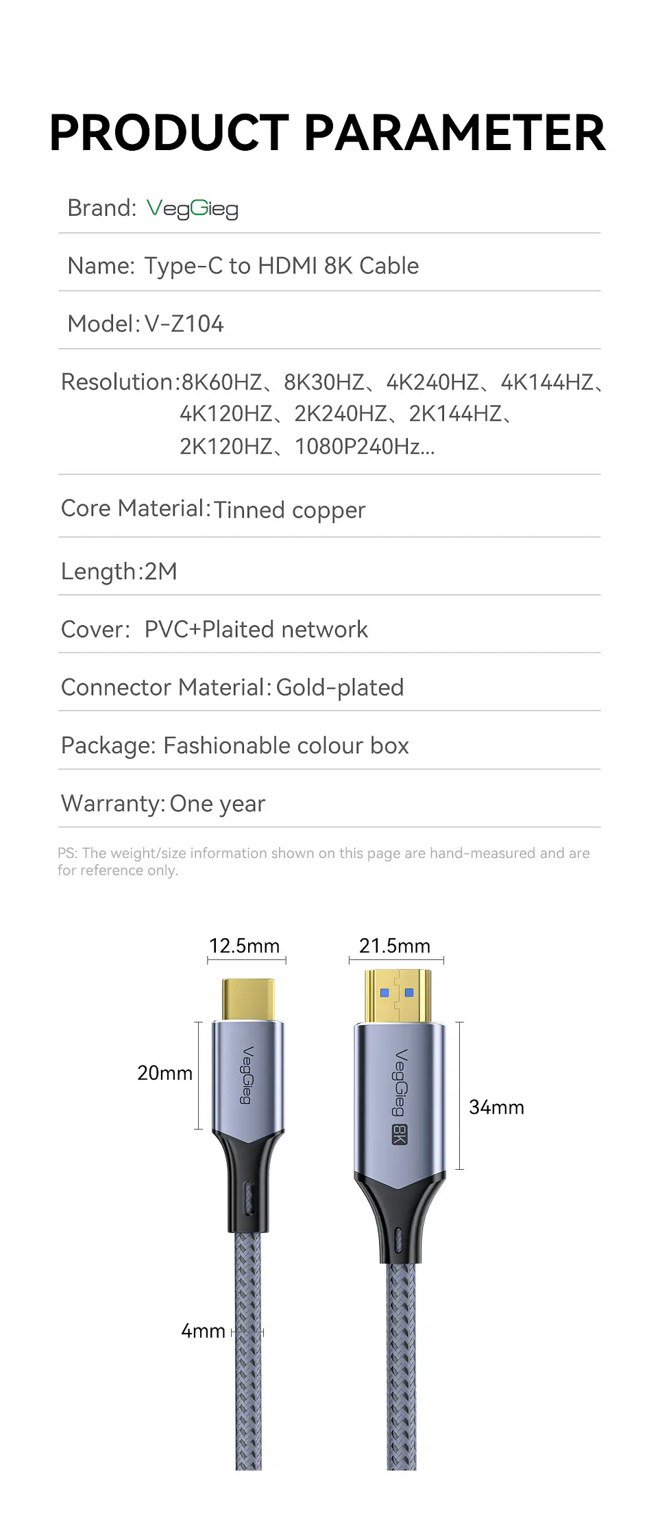 Cable Adaptador Veggieg V2.1 Tipo C A Hdmi 8k 60hz 4k 120hz 2k 240hz Hdr 48gbps 48gbps Compatible Thunderbolt 3 Monitor Tv Proyector Notebook Tablet Mac 17