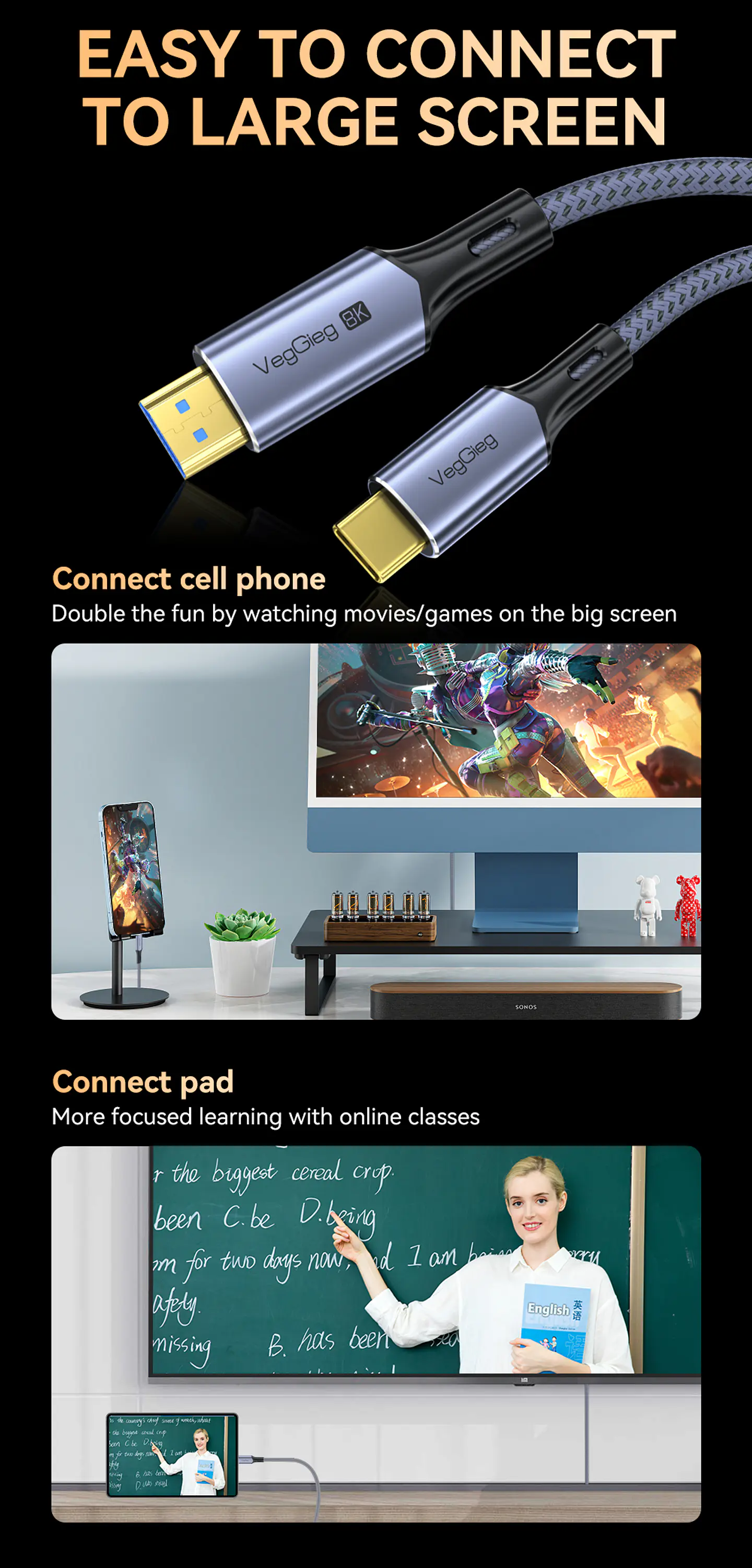 Cable Adaptador Veggieg V2.1 Tipo C A Hdmi 8k 60hz 4k 120hz 2k 240hz Hdr 48gbps 48gbps Compatible Thunderbolt 3 Monitor Tv Proyector Notebook Tablet Mac 19