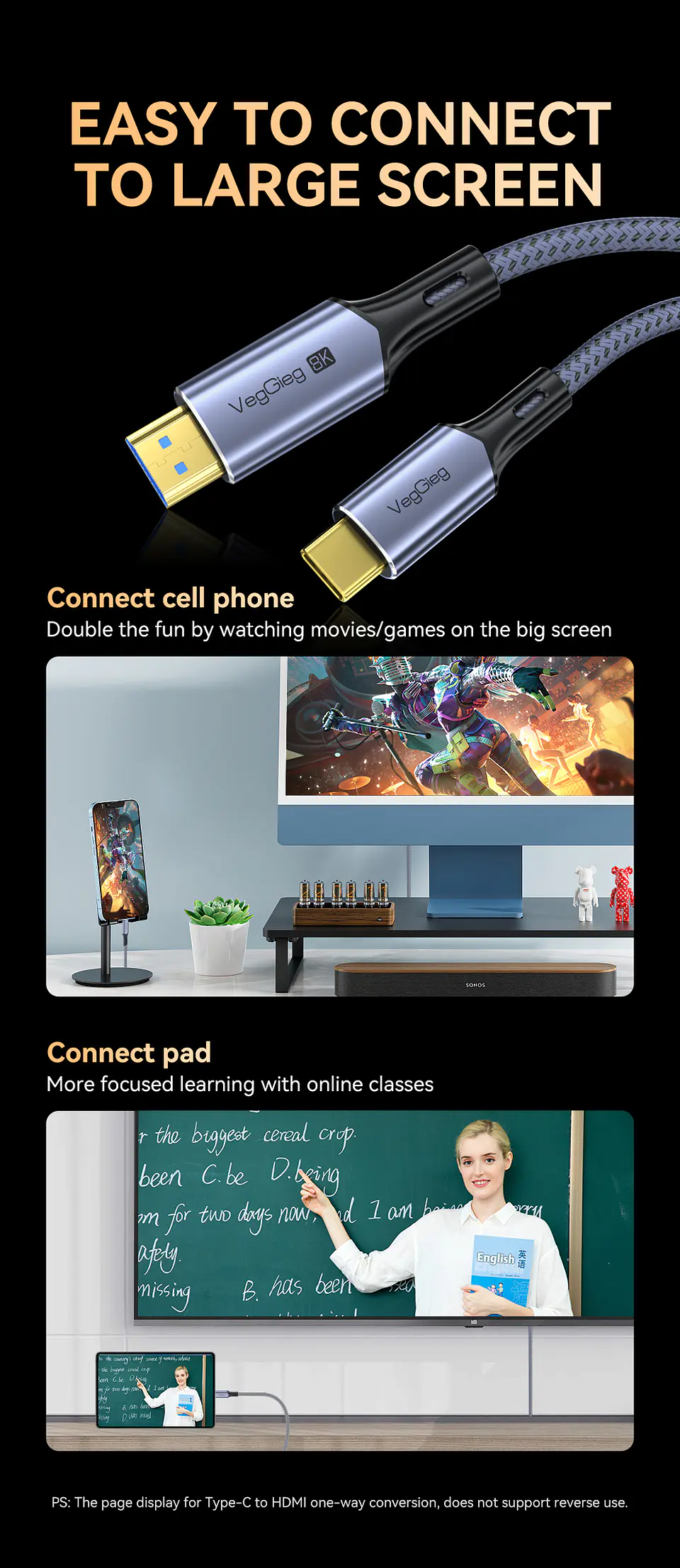 Cable Adaptador Veggieg V2.1 Tipo C A Hdmi 8k 60hz 4k 120hz 2k 240hz Hdr 48gbps 48gbps Compatible Thunderbolt 3 Monitor Tv Proyector Notebook Tablet Mac 19