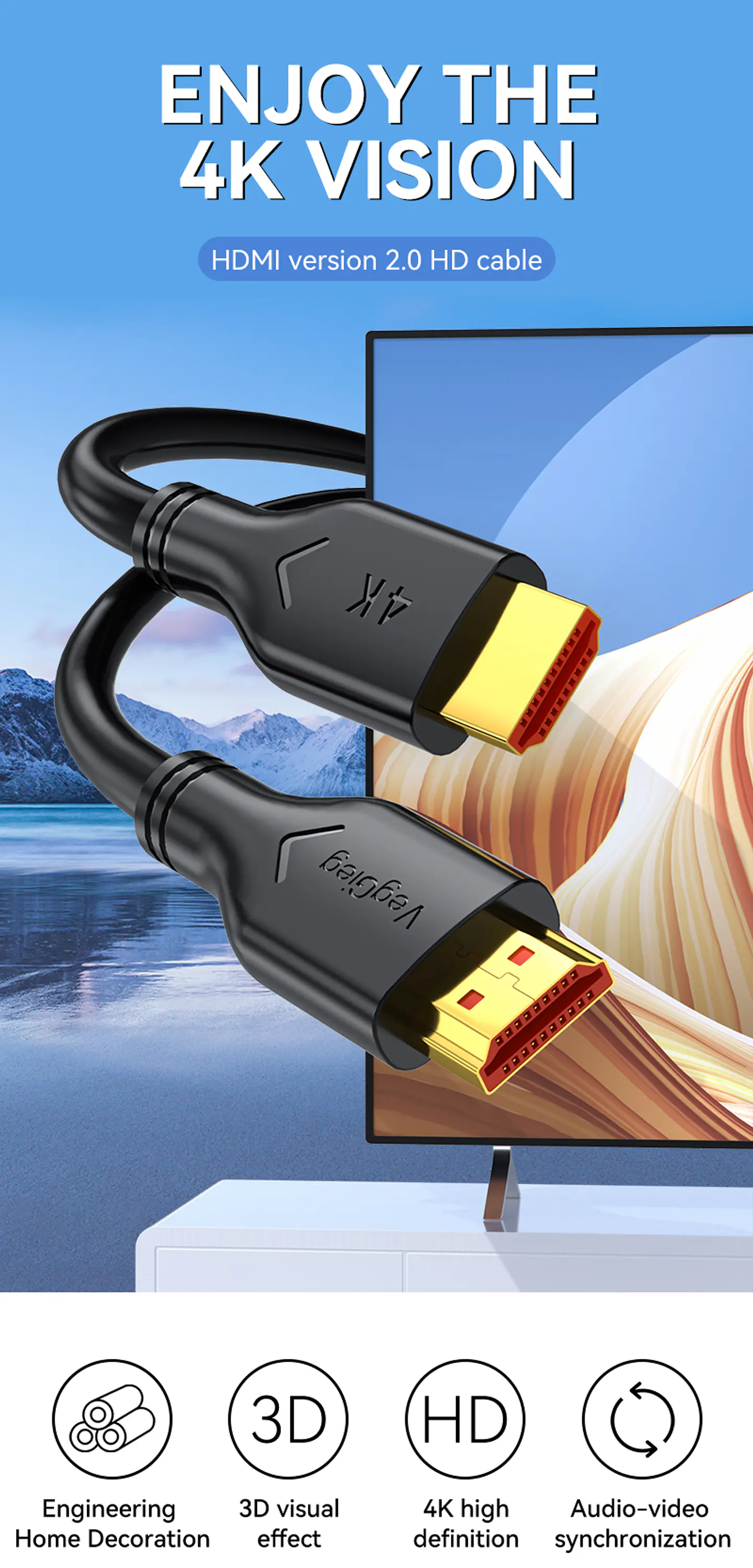 Cable HDMI 4K 60Hz V2.0 VegGieg  – Rendimiento 18Gbps para imagen y sonido de alta fidelidad  4