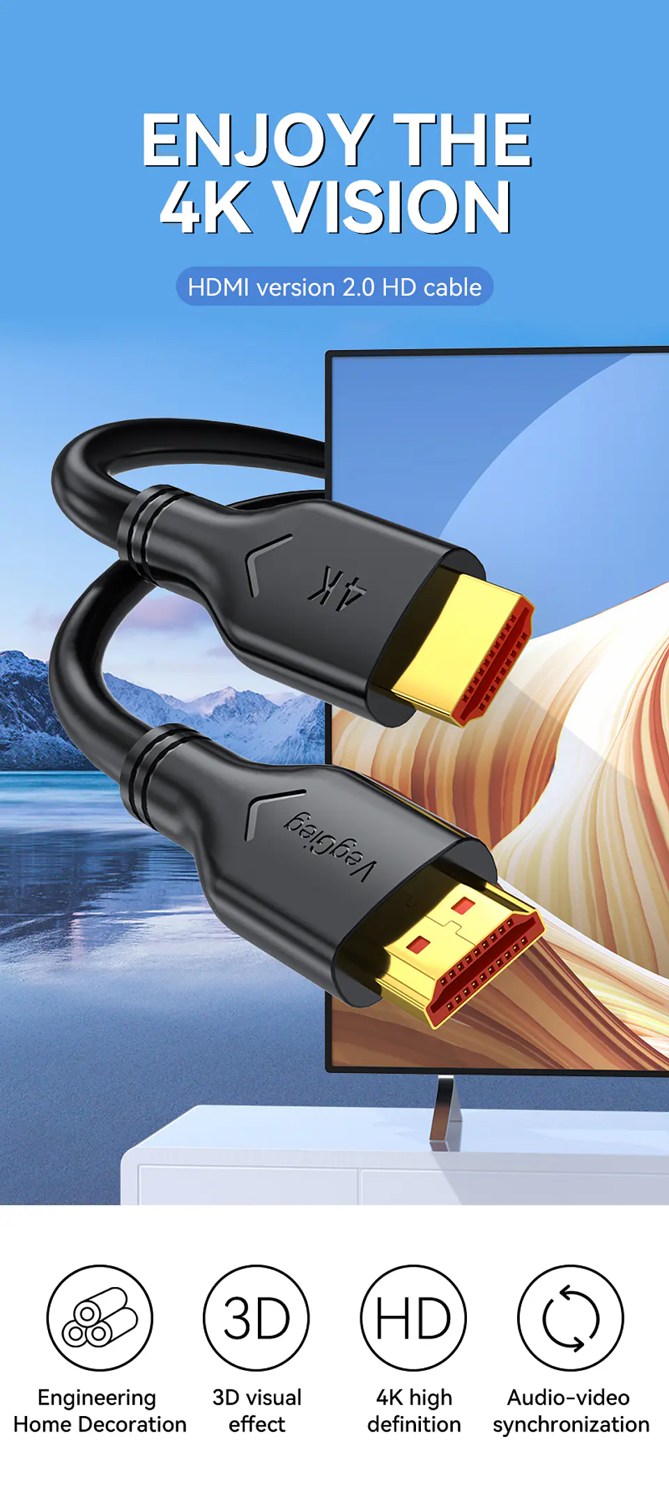 Cable HDMI 4K 60Hz V2.0 VegGieg  – Rendimiento 18Gbps para imagen y sonido de alta fidelidad  4