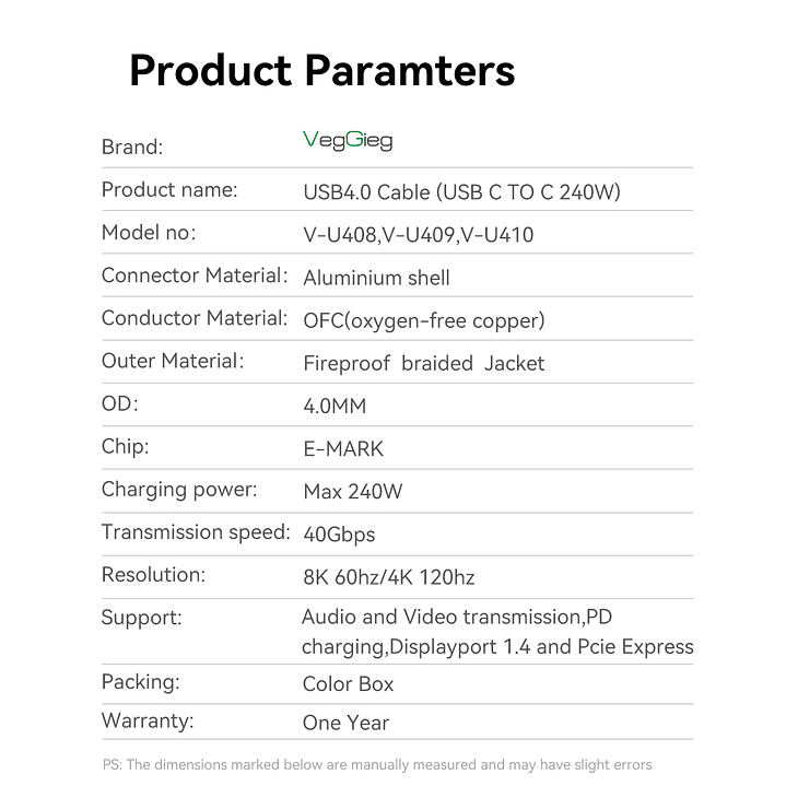 VegGieg Thunderbolt 4 – Cable USB-C 40Gbps con soporte 8K y carga rápida 240W 10