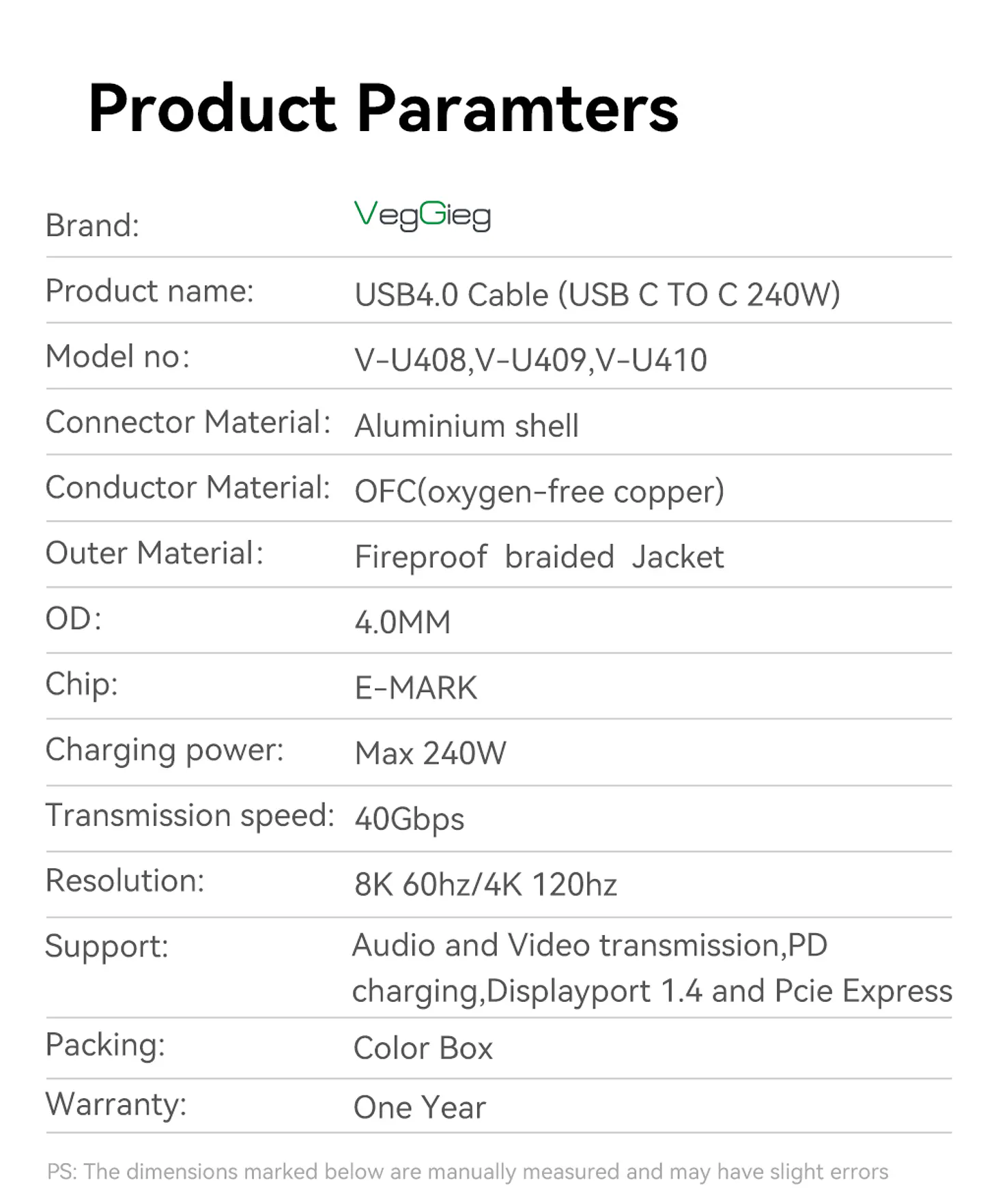 VegGieg Thunderbolt 4 – Cable USB-C 40Gbps con soporte 8K y carga rápida 240W 10